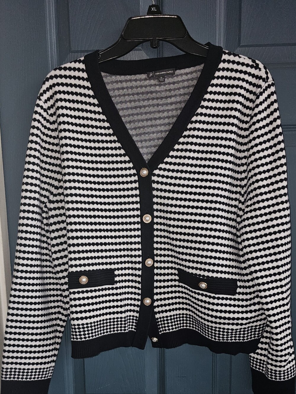 Adrienne Vittadini Navy and White V-Neck Knit Cardigan with Pearl Buttons